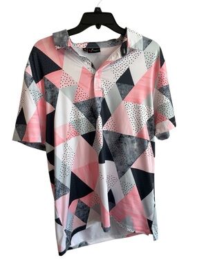 Yatta Golf Polo Shirt Men’s Medium Geometric Pink Gray Performance Golf Shirt